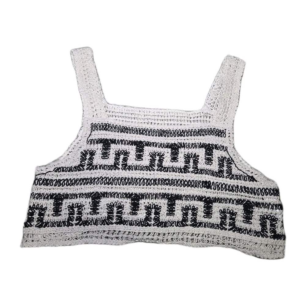 Boho Crochet Crop Top Womens‎ L Cream Black Festival Tank